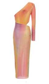 MESH RHINESTONE ONE SHOULDER MIDI DRESS IN COTTON CANDY DRESS STYLE OF CB