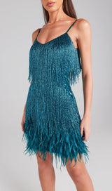 Tassel Feather Mini Dress In Emerald Dresses styleofcb