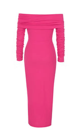 PLEATED OFF SHOULDER HIGH SPLIT DRESS IN BRIGHT PINK styleofcb