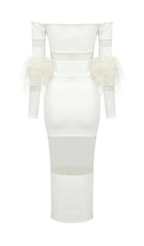 BANDAGE OFF-SHOULDER FEATHER MIDI DRESS IN WHITE styleofcb