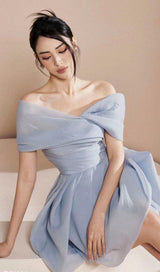 ONE SHOULDER RUCHED MINI DRESS IN GRAYISH-BLUE DRESS STYLE OF CB