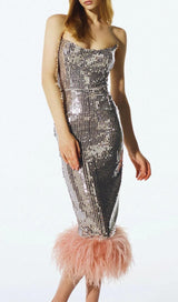 STRAPLESS SEQUIN FEATHER MIDI DRESS IN SILVER Dresses styleofcb