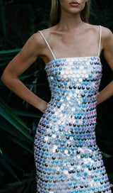 SEQUIN-EMBELLISHED SLEEVELESS MIDI DRESS IN BLUE DRESS STYLE OF CB