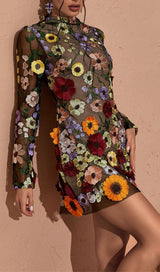 Saige Long Sleeve Mesh Flower Mini Dress In Black Dresses sis label