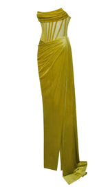 PRIYA GOLD DRAPING CORSET HIGH SLIT VELVET GOWN Dresses styleofcb