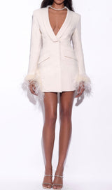 Madeline Pearl White Feather Trim Blazer Dress styleofcb