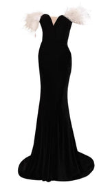 ELEGANT FEATHER OFF SHOULDER FISHTAIL MAXI DRESS IN BLACK styleofcb