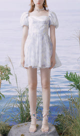 PUFF FLORAL-PRINT MINI DRESS IN GRAYISH-BLUE DRESS STYLE OF CB