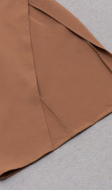 IRREGULAR PLEATED HIGH SPLIT METAL BUCKLE DRESS IN CAMEL styleofcb