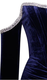 ODETTE NAVY VELVET OFF SHOULDER CORSET DRESS WITH CRYSTAL TRIM Dresses styleofcb