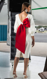 WHITE PUFF SLEEVE BACK LARGE BOW MIDI DRESS styleofcb