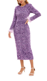 SEQUIN PATCHWORK PLUSH CUFF DRESS IN PURPLE styleofcb