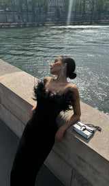 FEATHER BODYCON MAXI DRESS IN BLACK Dresses styleofcb