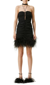 SEXY STRETCH OFF-SHOULDER FEATHER MINI DRESS IN BLACK styleofcb