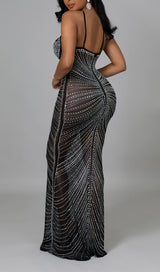 LACE SEE-THROUGH DIAMONDS MAXI DRESS IN BLACK styleofcb