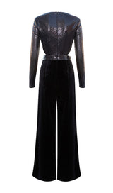VELVET SEQUIN CUT-OUT FLOOR-LENGTH JUMPSUIT IN BLACK styleofcb