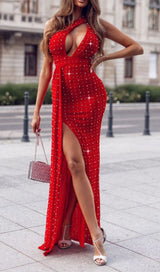 SEQUIN THIGH-SLIT MIDI DRESS IN RED DRESS STYLE OF CB