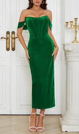 OFF SHOULDER CORSET MIDI DRESS IN GREEN styleofcb