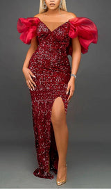 EXAGGERATED SLEEVES SLIM SEQUIN MAXI DRESS IN RED styleofcb