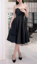 STRAPLESS SATIN MIDI DRESS IN BLACK styleofcb