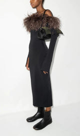 FEATHER OFF THE SHOULDER MIDI DRESS Dresses styleofcb S BLACK