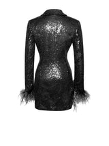 BLACK SEQUIN FEATHER TRIM BLAZER DRESS Dresses styleofcb