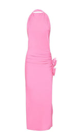 HALTERNECK DRAPED APPLIQUÉD STRETCH-JERSEY MIDI DRESS styleofcb