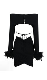 SHOULEDR PAD WAIST BARING FEATHER BLOUSE PLEATED DRESS IN BLACK styleofcb