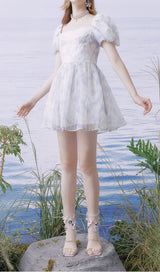 PUFF FLORAL-PRINT MINI DRESS IN GRAYISH-BLUE DRESS STYLE OF CB