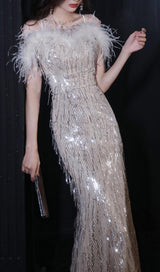 CHAMPAGNE FEATHER SEQUIN MAXI DRESS styleofcb