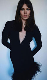 LONG SLEEVES FEATHER MINI DRESS IN BLACK styleofcb