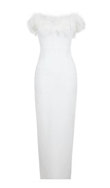 FEATHER BODYCON MAXI DRESS IN WHITE Dresses styleofcb