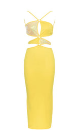 CRISSCROSS HALTERNECK CUTOUT MIDI DRESS IN YELLOW styleofcb