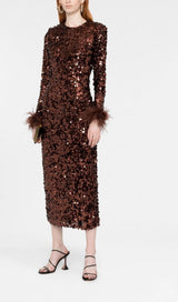 SEQUIN FEATHER LONG SLEEVES MIDI DRESS styleofcb