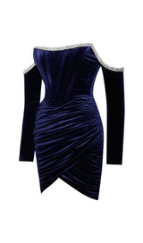 ODETTE NAVY VELVET OFF SHOULDER CORSET DRESS WITH CRYSTAL TRIM Dresses styleofcb