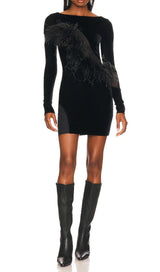 LONG SLEEVES FEATHER MINI DRESS IN BLACK styleofcb