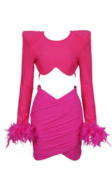 SHOULEDR PAD WAIST BARING FEATHER BLOUSE PLEATED DRESS IN PINK styleofcb
