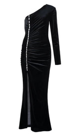 VELVET DIAMOND ONE SHOULDER SPLIT MAXI DRESS IN BLACK styleofcb