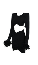SHOULEDR PAD WAIST BARING FEATHER BLOUSE PLEATED DRESS IN BLACK styleofcb