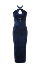 VELVET HALTER SEXY WAIST MIDI DRESS IN NAVY styleofcb