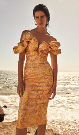 JACQUARD OFF SHOULDER MIDI DRESS IN YELLOW styleofcb