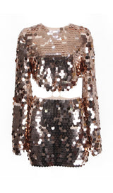 SPARKLING LONG SLEEVE MINI DRESS IN GOLD styleofcb