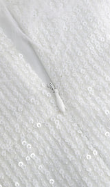 SEQUIN FEATHER STRAPLESS MINI DRESS IN WHITE styleofcb