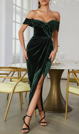 VELVET ONE-LINE SHOULDER HIGH SLIT DRESS IN DARK GREEN styleofcb