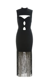 SLEEVELESS HOLLOWED OUT FRINGE DRESS IN BLACK styleofcb