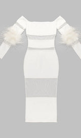 BANDAGE OFF-SHOULDER FEATHER MIDI DRESS IN WHITE styleofcb