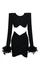 SHOULEDR PAD WAIST BARING FEATHER BLOUSE PLEATED DRESS IN BLACK styleofcb