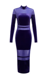 VELVET PERSPECTIVE TULLE STITCHING BAG HIP DRESS IN PURPLE styleofcb