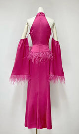 HALTERNECK FEATHER SATIN DRESS IN PINK