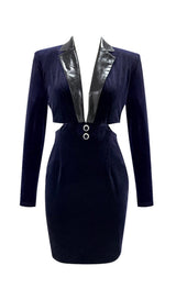 VELVET HOLLOWED OUT V-NECK DRESS IN DARK BLUE styleofcb
